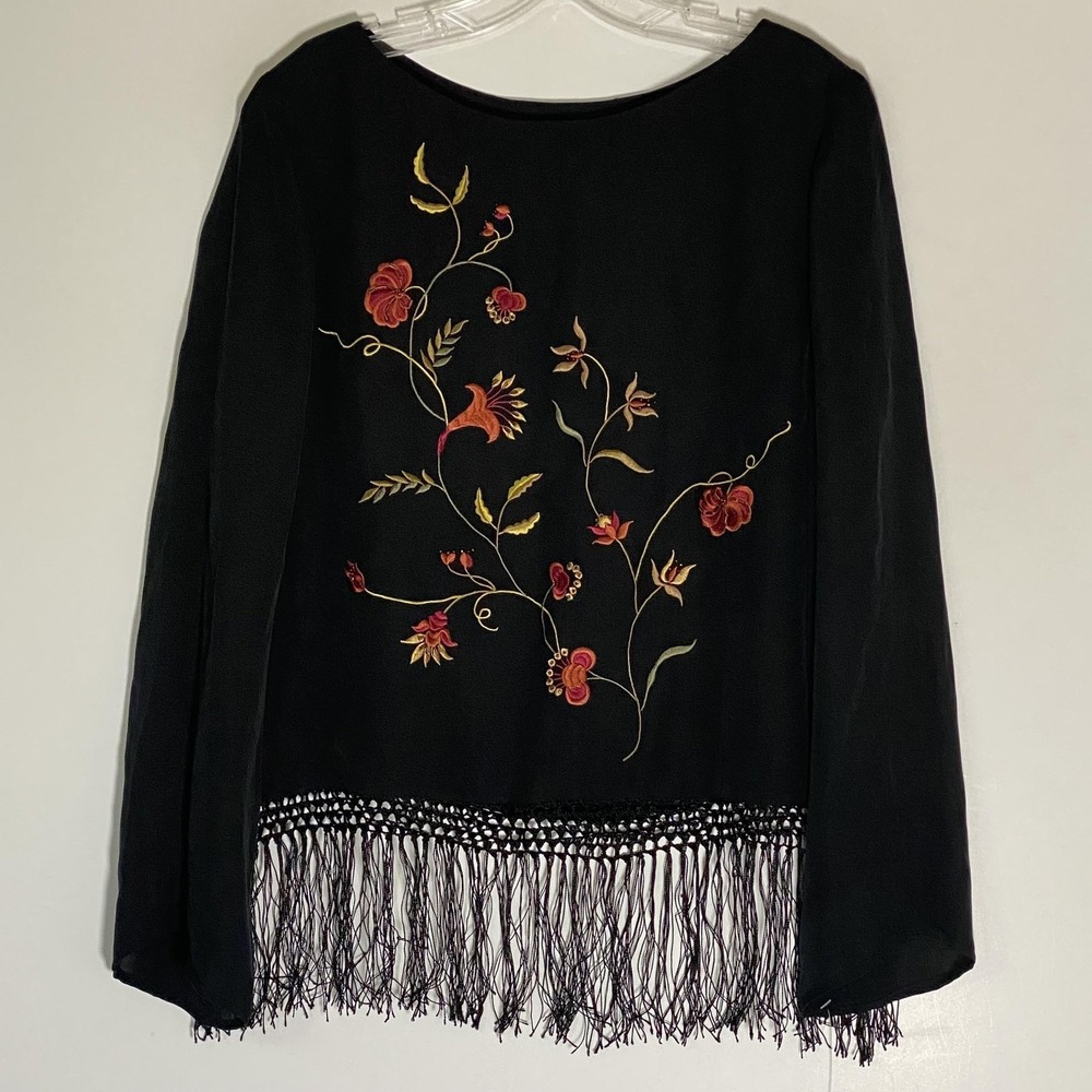 Josephine Chaus Blouse Womens 12P Black Silk Embroidered Fringe Floral Hem Lined
